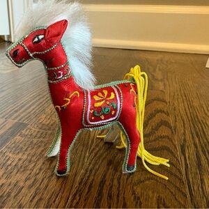 Vintage Chinese Silk Red Embroidered Horse Figure with Yellow Tail White Mane